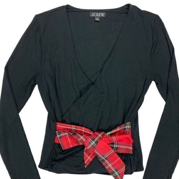 J. Crew Top Womens Size Small Black Long Sleeve Wrap Plaid Tie Holiday Pullover - Picture 7 of 16